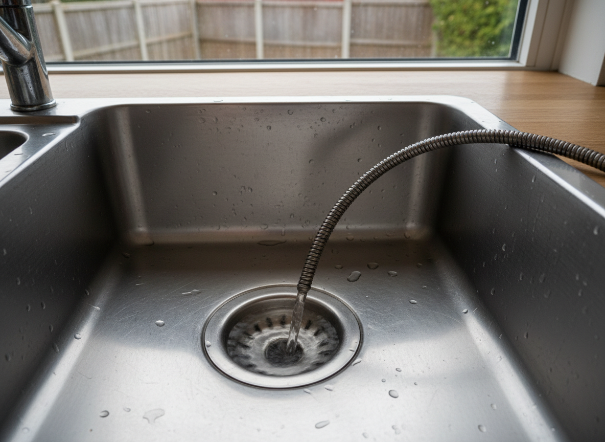 A detailed, photographic close-up of a stainless-steel kitchen sink with a deep, circular drain at the center, captured mid-action as clear water swirls smoothly around, indicating a successfully unblocked drain. A coiled, slightly wet drain auger lies neatly beside the basin, droplets glistening on its metallic surface. The worktop is a clean, light oak laminate with a subtle grain, and in the blurred background, a window reveals an indistinct view of a West Midlands suburban garden fence. Soft midday natural light from the window creates gentle highlights on the steel and water, with a calm, hygienic, and efficient atmosphere. Shot from a slightly elevated angle, the composition emphasizes the drain and flowing water as the focal point.