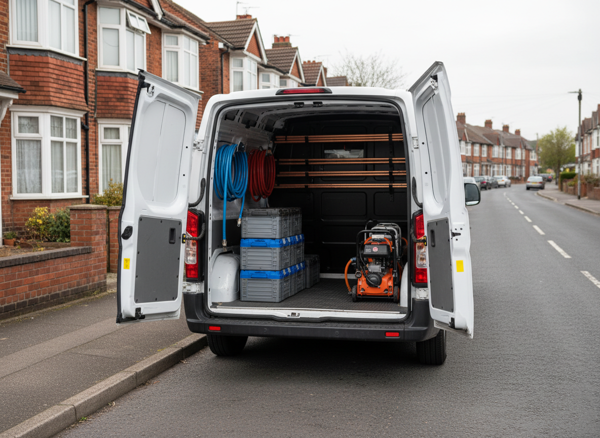 A wide, photographic view of a neat, open van rear filled with organized plumbing tools and equipment parked on a quiet West Midlands residential street lined with red-brick semi-detached houses. Clearly visible are coiled blue and red hoses, stacked plastic toolboxes, gleaming copper pipe bundles, and a portable drain jetting machine. A clean, blank space on the van’s side is left uncluttered to suggest where contact information could appear in design. Overcast but bright natural light provides even illumination, creating soft shadows beneath the van and houses. The composition uses the rule of thirds, with the van slightly off-center and the street receding into gentle bokeh, giving a calm, reliable, ready-to-help atmosphere.