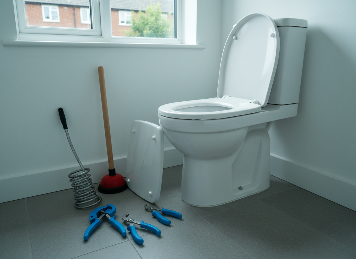 A photographic realism image of a modern white ceramic toilet in a small, freshly renovated bathroom, with the cistern lid removed to reveal clean internal mechanisms and a bright blue toilet repair tool set neatly arranged on a nearby matte-grey floor tile. A flexible plumber’s snake and rubber plunger lean against the skirting. The setting hints at a West Midlands home through a small, double-glazed window showing blurred red-brick housing outside. Cool daylight pours in, creating subtle reflections on the ceramic surface and soft shadows around the tools. Captured from a slightly elevated angle with sharp focus throughout, the mood is practical, reassuring, and professional, ideal for illustrating toilet repair and unblocking services.