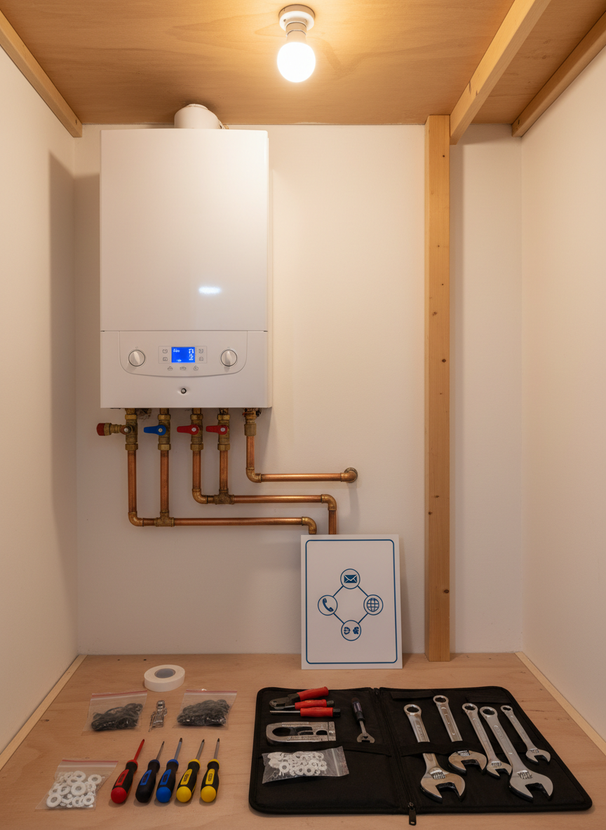 A photographic, wide interior shot of a tidy domestic airing cupboard housing a wall-mounted combi boiler with clearly visible copper pipework, shut-off valves, and a digital control panel. Below, a well-organized toolkit is open on a clean plywood floor: color-coded screwdrivers, pipe cutters, PTFE tape, spare washers, and adjustable spanners are laid out in an orderly fashion. A laminated, icon-based contact and maintenance card is propped nearby, its symbols suggesting emergency call, message, and website without readable text. Warm, soft artificial lighting from an overhead bulb fills the space, creating gentle shadows and an inviting, secure mood. Captured at eye level with sharp focus, the clean and modern composition conveys dependable, professional plumbing maintenance.